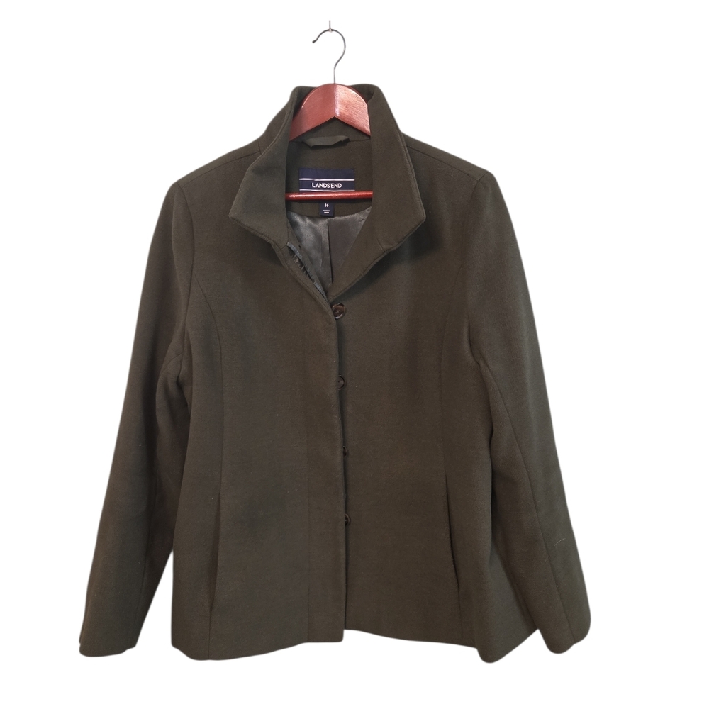 Lands' End Women's Dark Military Green Collared Button Down Coat Size 16